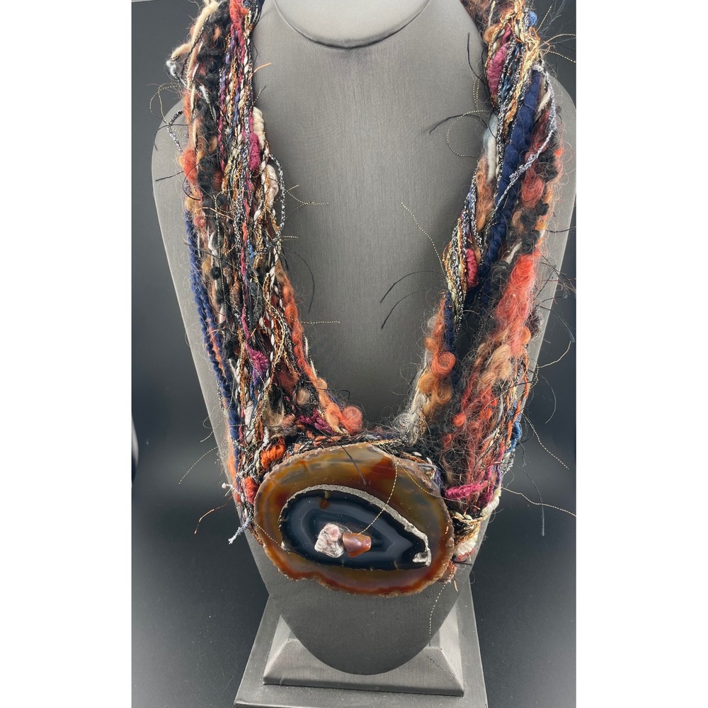 Artisan Agate Slice Necklace Fiber Textile‎ Wearable Art Statement Avant Garde